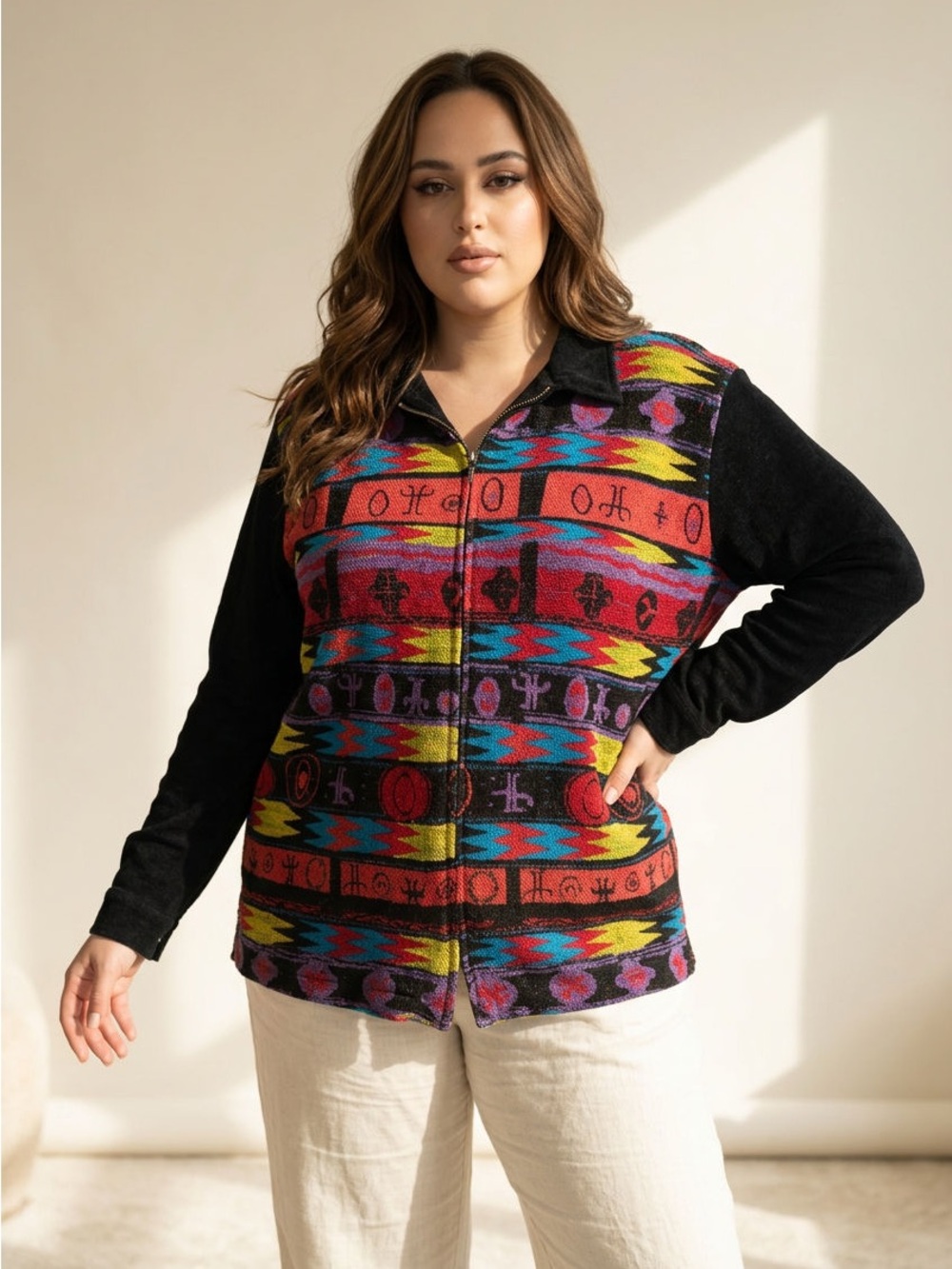 Chico's Multicolor Aztec Zip-Front Jamcket with Black Sleeves